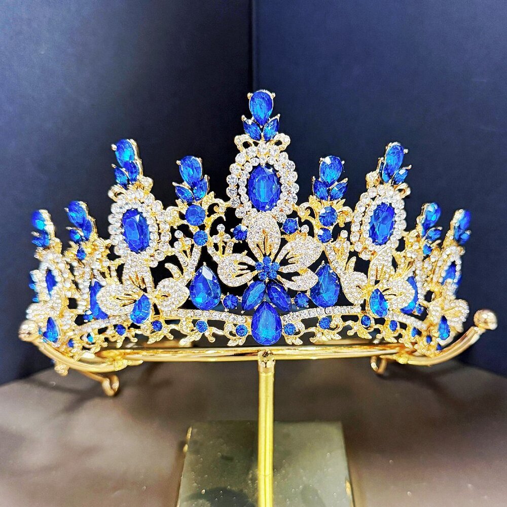 Princess Flower Crown, Floral Tiara, Birthday Party Crown, Blue Crystal Tiara